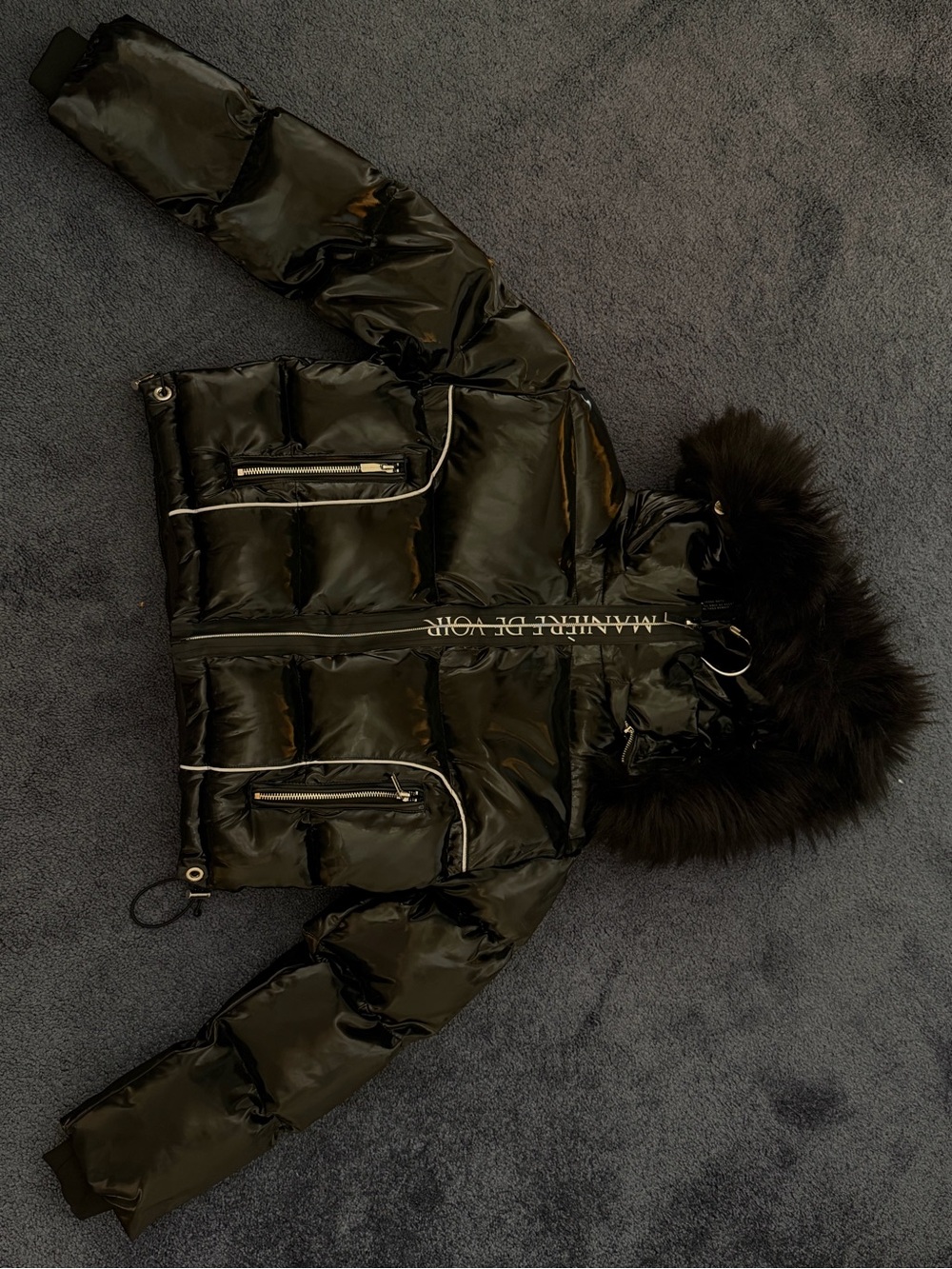 Maniere De Voir Black Gloss Puffer with Fur-Trim Hood